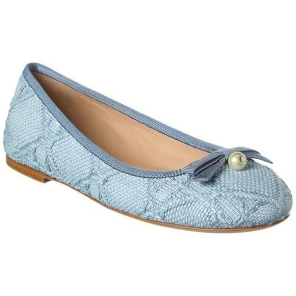 DIOR Cannage Jacquard Raffia Cotton Flat Ballerina Ballet Bow Shoes Blue - Picture 1 of 14
